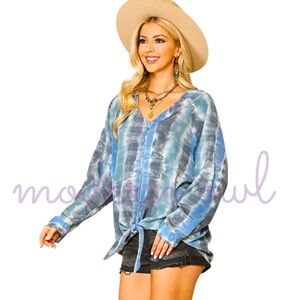 Tie Dye LS Button-up Top with Tied Hem